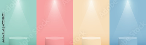 Set of soft pastel, green, pink, cream, blue, color scene background. 3d stage podium with spotlights. Pedestal for product display. Vector illustration.