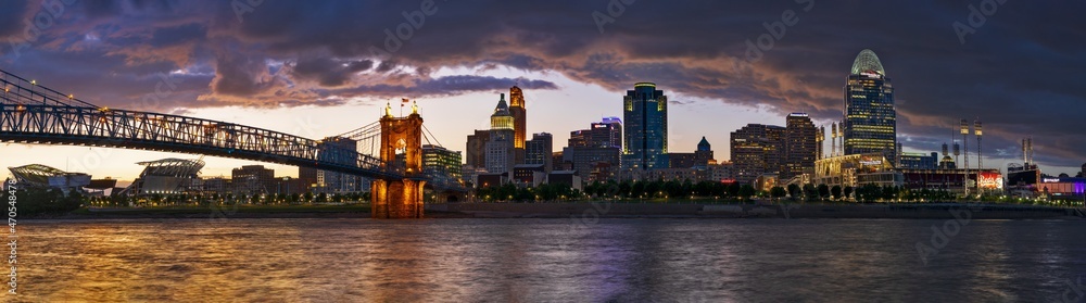 Cincinnati skyline panorama during stormy sunset.