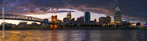Cincinnati skyline panorama during stormy sunset.