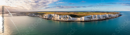 Aerial view of the White Cliffs of Dover. Close up view of the cliffs from the sea side. England, East Sussex. Between France and UK photo