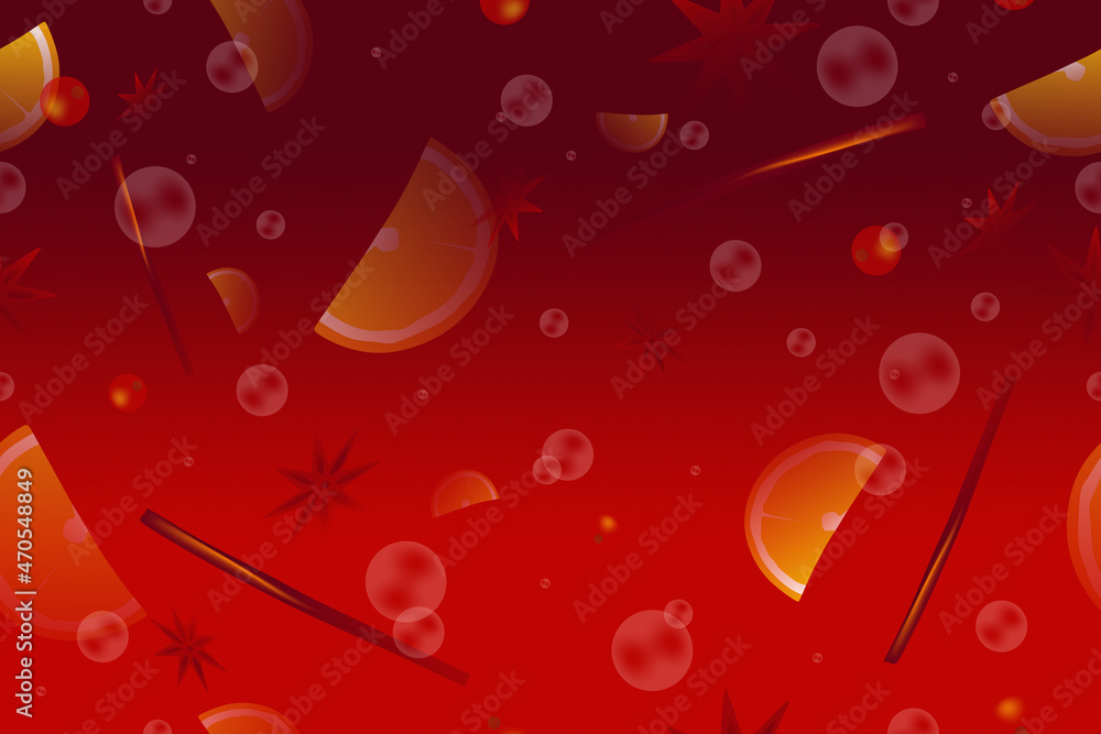 Graphic illustration of hot mulled wine with orange slices, cinnamon and berries. High resolution bitmap. Traditional winter drink. Graphic illustration of hot mulled wine with orange slices, cinnamon and berries. High resolution bitmap. Traditional winter drink.