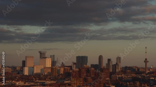 Close-up shot of skyline of Rotterdam, the Netherlands at sunset photo