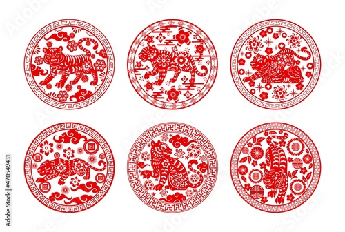 Chinese papercut tigers, Chinese lunar new year and zodiac signs, vector icons. China Asian new year or lunar calendar symbol tiger with paper cut art ornaments of clouds, flowers and coins