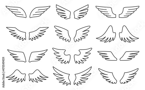 Wing symbol freedom angel tattoo black line set. Modern insignia distinction open wings the banner of freedom. Military order vintage design open sketch different shape outline isolated on white