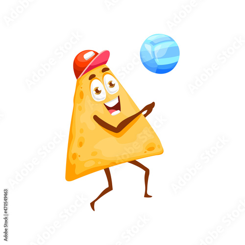 Cute nachos play beach volleyball isolated funny cartoon character in cap. Vector summer sport activity, vacation holiday of traditional mexican food,cute tortilla or tacos emoticon, fastfood snack