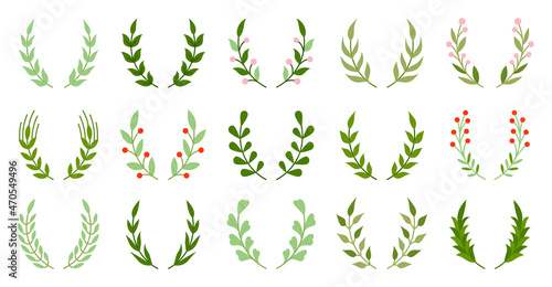 Natural wreath leafy object winner green flat set. Plant pattern award success. Heraldic vintage badge frame. Spring summer invitation card element. Circular shape of achievement isolated on white