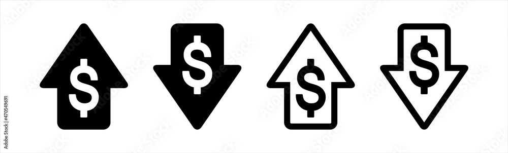 Profits Increase icon. Dollar exchange rate up, rate down vector illustration. Profits Increase icon. Dollar exchange rate up, rate down vector illustration.