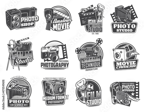 Photo and movie camera icons. Professional photo and video studio emblems, photography and cinema equipment store vector retro badges, icons with vintage folding, medium format and SLR film cameras