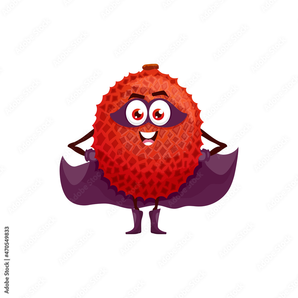 Lychee fruit, litchi cartoon superhero character in purple cape, vector.  Fruit food in super hero costume and mask, happy lychee with energy power,  organic natural food superpower vitamins Stock Vector | Adobe