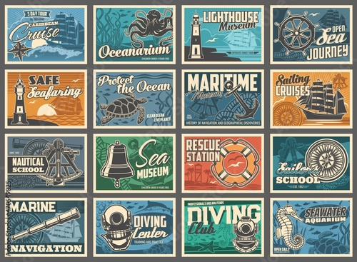 Nautical posters with anchor and lighthouse, sea diving and ocean cruise, retro vector. Marine museum and beach lifeguard rescue station, seawater aquarium and oceanarium, sailor and naval school