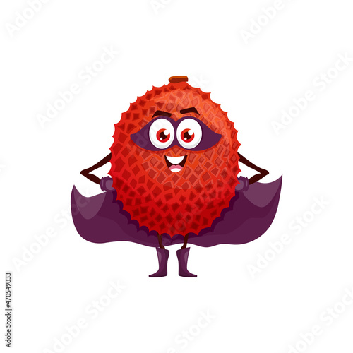 Lychee fruit, litchi cartoon superhero character in purple cape, vector. Fruit food in super hero costume and mask, happy lychee with energy power, organic natural food superpower vitamins