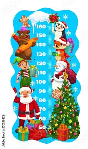 Kids height chart with Christmas characters, Santa with snowman and gifts, vector growth meter. Child height scale or measure ruler with cartoon Xmas fox, elf with penguin and bear at Christmas tree