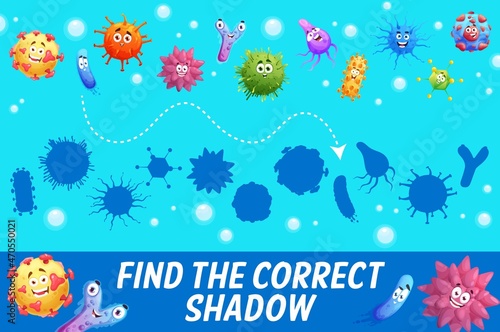 Find correct shadow of virus, microbe or pathogen cells, vector kids tabletop game. Match correct silhouette, board game for kids with cartoon funny viruses and bacteria infections or germs