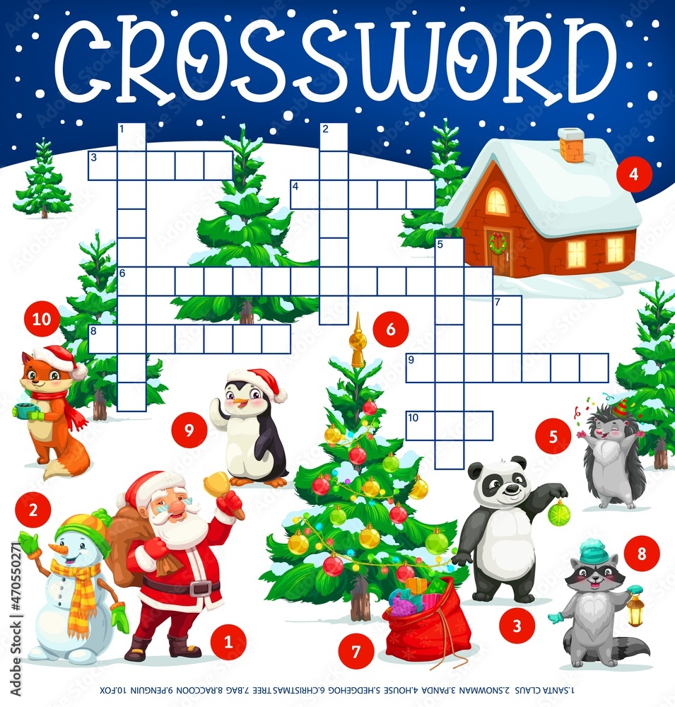 Christmas tree, animals and Santa with gifts, crossword grid worksheet, find a word vector quiz game. Kids crossword puzzle with Christmas cartoon snowman, penguin, panda and fox with gifts