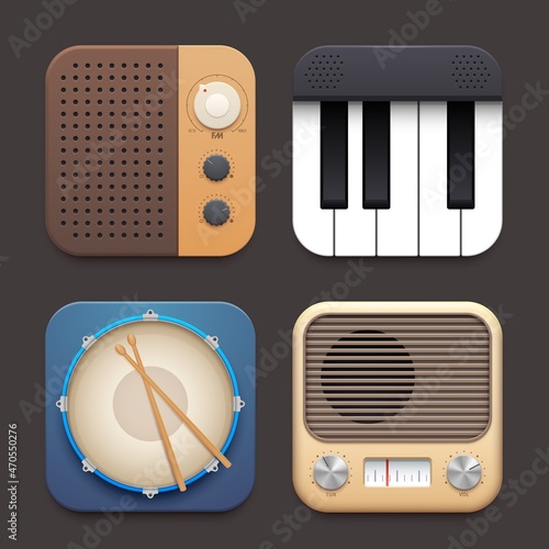 FM radio, piano and drum music app interface icon. Vector 3d realistic vintage receiver, percussion and key musical instruments square buttons set for music channel, mobile application, ui design