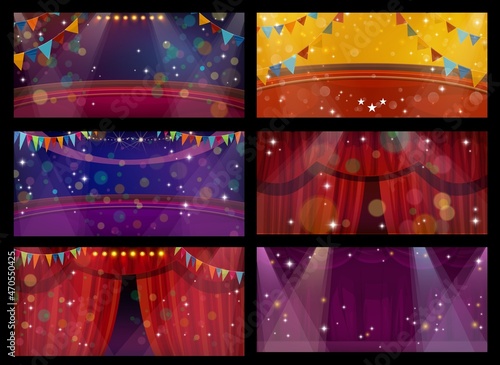 Circus and theater stage interior with curtains, vector empty scenes with backstage, arena with flag garlands and illumination. Cartoon shapito or theatre area with drape and glow sparkles or flare