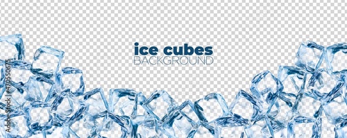 Realistic ice cubes background, crystal ice blocks frame, isolated border of blue transparent frozen water cubes. 3d vector glass or icy solid pieces for drink ad with clean square blocks