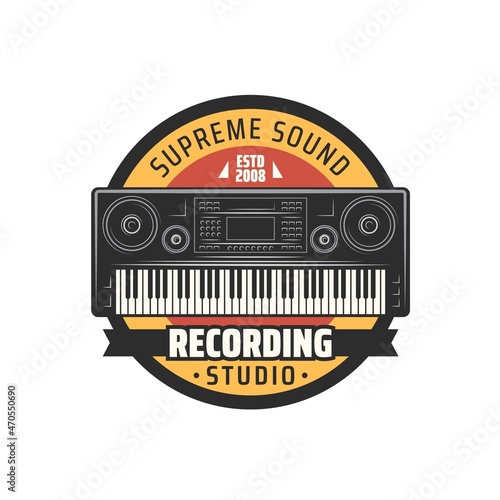 Sound recording studio icon with vector synthesizer. Electronic music instrument with digital keyboard, musical equipment isolated round symbol of sound, vocal and music recording, audio production