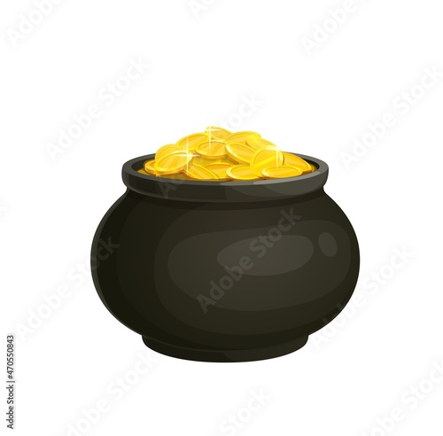 Cartoon treasure pot with golden coins. Fairytale treasure, saint Patrick holiday celebration symbol, fantasy game vector icon or object, Irish folklore leprechaun hidden pot of gold