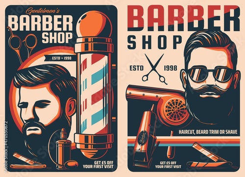 Barbershop vintage posters. Hairdresser salon pole with color spiral, scissors and hair clipper, straight razor, hairdryer and bearded hipster man. Barbershop or hair stylist vector retro banners