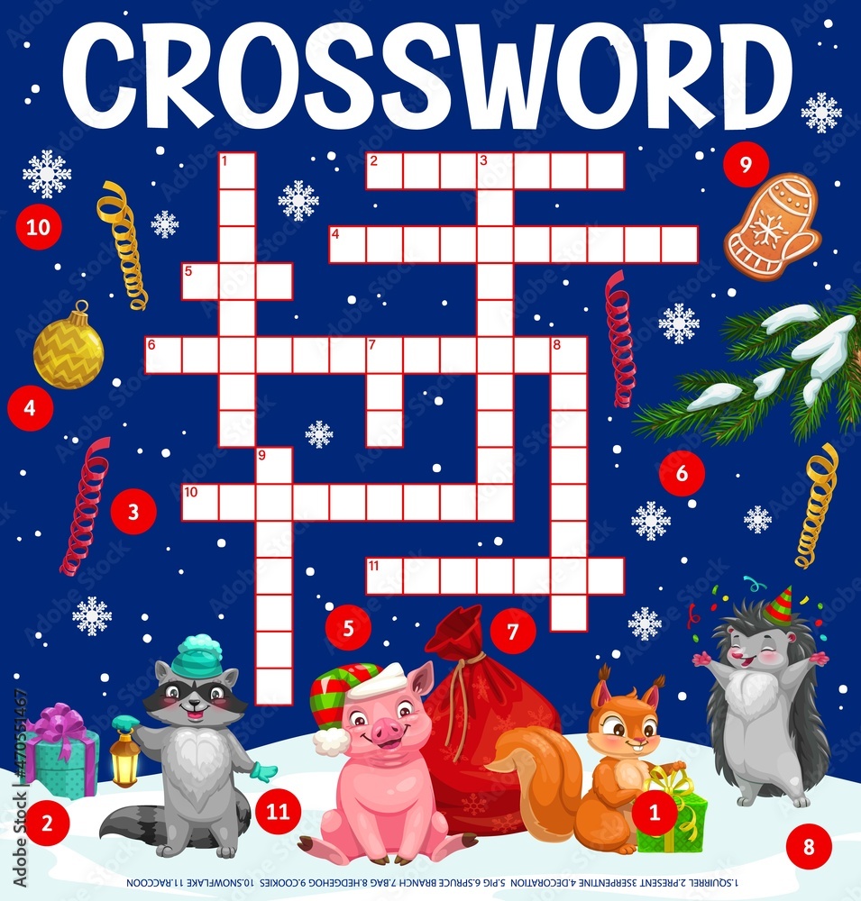 Christmas kids crossword grid worksheet, find a word quiz game, vector