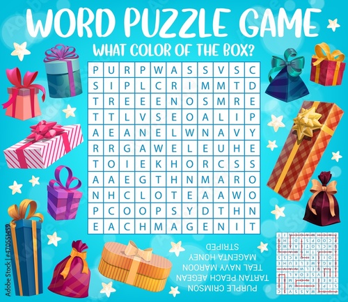 Christmas and birthday gifts, word search puzzle or game worksheet for kids vector quiz grid. Search puzzle to find word with color of Xmas gifts and holiday present boxes in wrappers