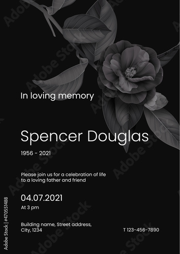 Modern memorial and funeral invitation card template design, dark grey decorated with semi-double Camellia flower and leaves