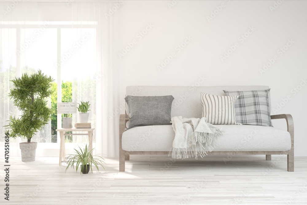 White living room with sofa and summer landscape in window. Scandinavian interior design. 3D illustration