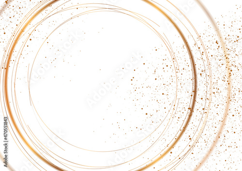 Golden minimal round lines and shiny dust particles abstract background. Vector design