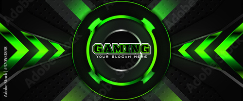 Futuristic light green gaming banner design with metal technology concept. Vector illustration for business corporate promotion, wallpaper, game header social media, live streaming background