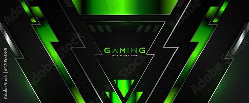 Futuristic light green gaming banner design with metal technology concept. Vector illustration for business corporate promotion, wallpaper, game header social media, live streaming background