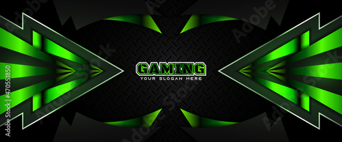 Futuristic light green gaming banner design with metal technology concept. Vector illustration for business corporate promotion, wallpaper, game header social media, live streaming background