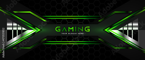 Futuristic light green gaming banner design with metal technology concept. Vector illustration for business corporate promotion, wallpaper, game header social media, live streaming background