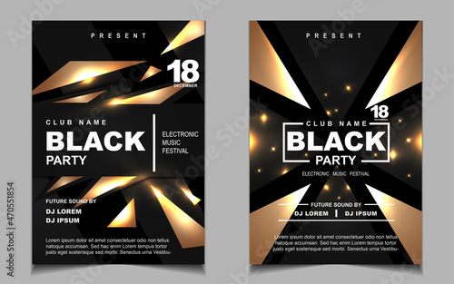 Cover music poster flyer design template background with layout gold glitters color on dark style. Light electro vector for event festival concert, dancing, disco, night club invitation