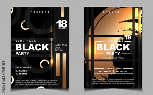 Cover music poster flyer design template background with layout gold glitters color on dark style. Light electro vector for event festival concert, dancing, disco, night club invitation