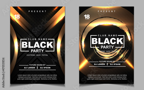 Cover music poster flyer design template background with layout gold glitters color on dark style. Light electro vector for event festival concert, dancing, disco, night club invitation