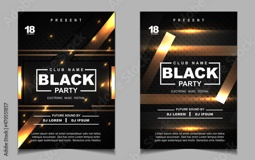 Cover music poster flyer design template background with layout gold glitters color on dark style. Light electro vector for event festival concert, dancing, disco, night club invitation