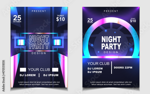 Cover music poster flyer design template background with layout colorful on dark blue glitters style. Light electro vector for event festival concert, dancing, disco, night club invitation