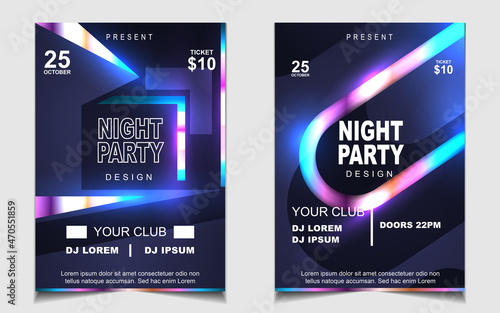 Cover music poster flyer design template background with layout colorful on dark blue glitters style. Light electro vector for event festival concert, dancing, disco, night club invitation