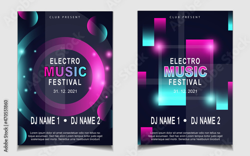 Cover music poster flyer design template background with layout colorful on dark blue glitters style. Light electro vector for event festival concert, dancing, disco, night club invitation