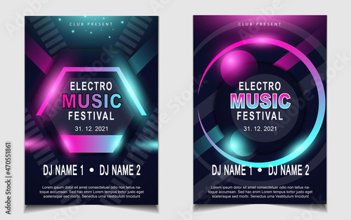 Cover music poster flyer design template background with layout colorful on dark blue glitters style. Light electro vector for event festival concert, dancing, disco, night club invitation photo