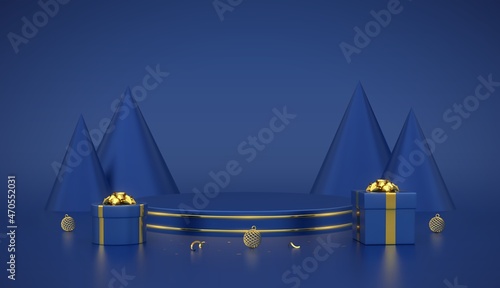 Blue round podium. Scene and 3D platform with gold circle and cone shape pine or spruce trees on blue background. Blank Pedestal with gift boxes with golden bow and shining balls. Vector illustration.
