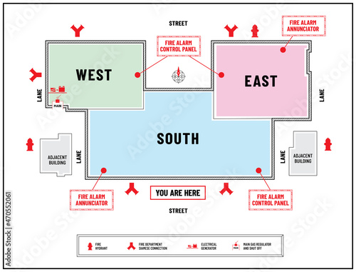 Modern fire emergency plan or evacuation diagram of a commercial complex or shopping mall. Marked locations of fire equipment, gas shut off and generator used for evacuation procedures.