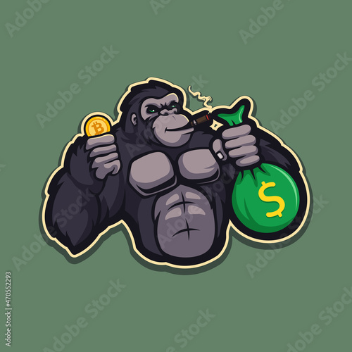 Illustration of a rich Gorilla with crypto currency and money bag