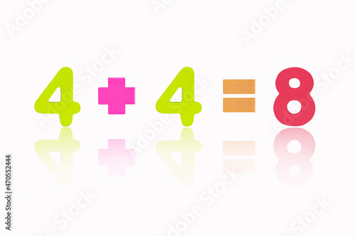 Four plus four equals eight (4+4=8). 3D Illustration or rendering. Image of simple math addition operation for kids, math operation to enhance brain skills Isolated on pink background. 