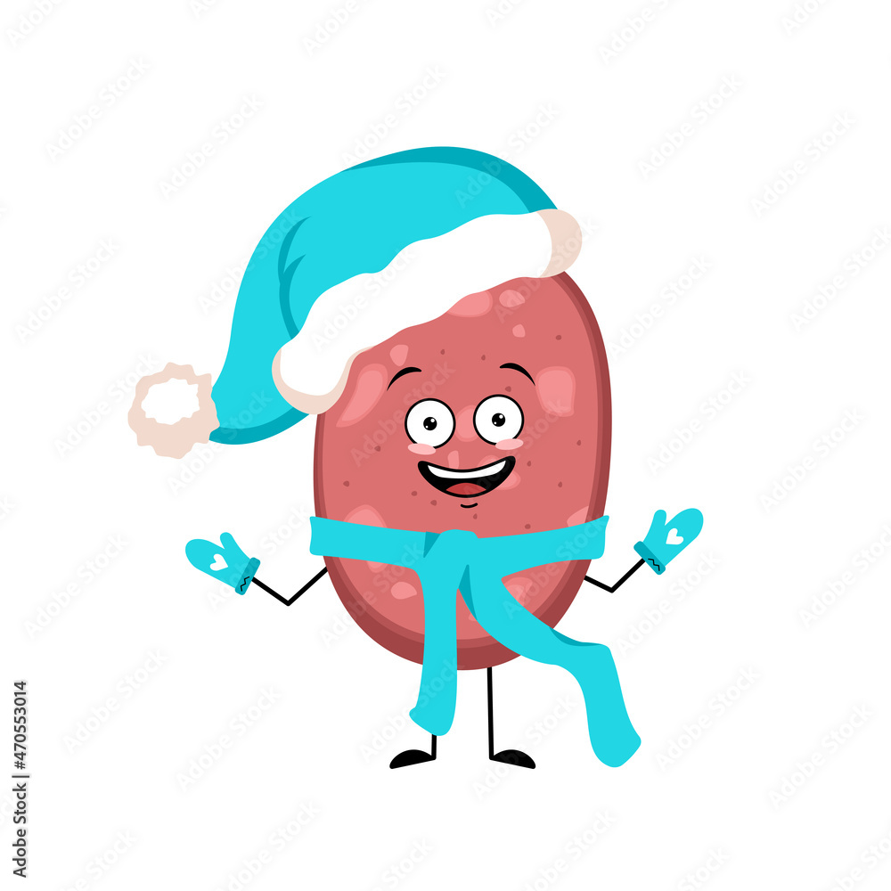 Cute sausage character with joyful emotions, happy face, smile, eyes, arms and legs in Santa hat with scarf and mittens. Fun meal or meat snack. Vector flat illustration Cute sausage character with joyful emotions, happy face, smile, eyes, arms and legs in Santa hat with scarf and mittens. Fun meal or meat snack. Vector flat illustration
