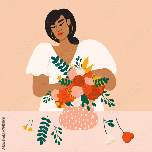 Illustration of florist arranging flowers in vase