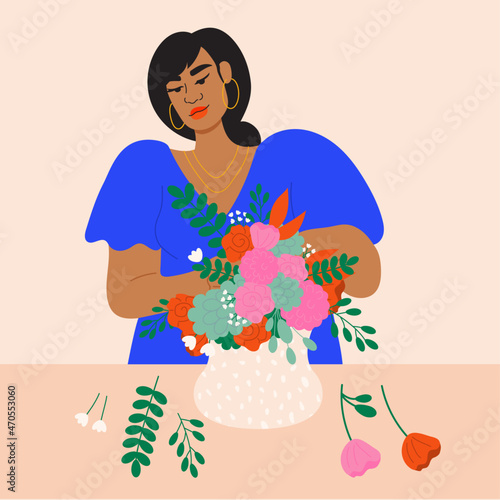 Illustration of florist arranging flowers in vase