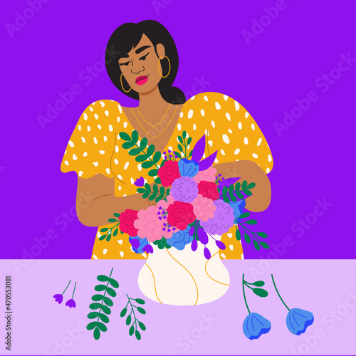 Illustration of florist arranging flowers in vase