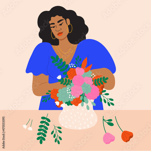 Illustration of florist arranging flowers in vase